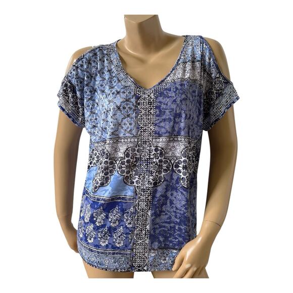 INC Womens Size Large Sheer Embellished V Neck Tribal Boho Cold Shoulder Shirt - Picture 1 of 7